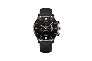 Gros plan sur la montre Geneva pour homme avec cadran noir, index or rose et dateur