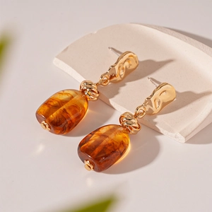 Vintage Irregular Geometric Drop Earrings Alloy Acrylic Amber With 925 Sterling Silver Earring Post For Women
