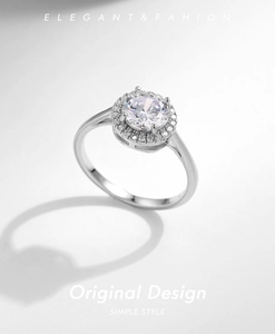 Macro shot of s925 silver halo ring with a large round cubic zirconia center stone