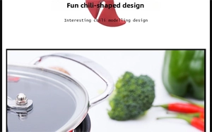 Close-up of creative red chili-shaped silicone pot lid lifter on a glass lid