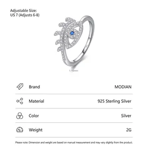 Adjustable S925 sterling silver evil eye ring with blue crystal and pavé cz accents