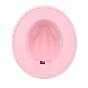 Internal view of pink wool felt fedora with adjustable drawstring and quality lining