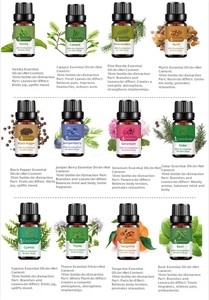 Detailed collection of twelve 10ml essential oils bottles with natural botanical ingredients