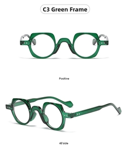 Viste dettagliate degli occhiali verde smeraldo con montatura tonda-quadrata frontale e di lato