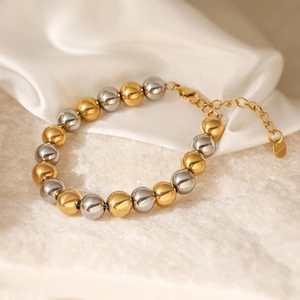 Minimalist 18K gold and silver plated stainless steel beaded bracelet with lobster clasp
