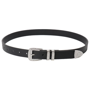 Women's black Y2K leather belt featuring a silver rhinestone horseshoe buckle and accents