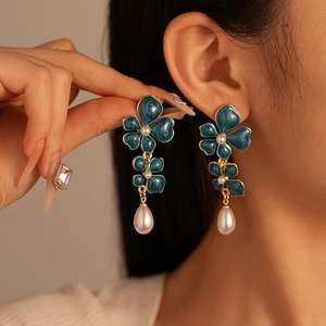 Enamel Flower Drop Earrings With Water Drop Faux Artificial Pearl And Silver Earring Post Vintage French Elegant Jewelry For Women