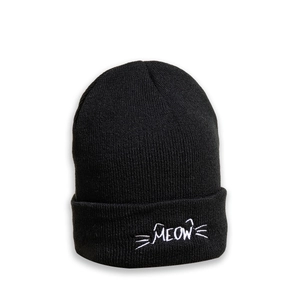 Winter knitted black beanie with MEOW cat embroidery for warm ear protection and style