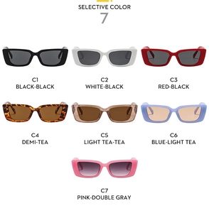 Showcase of seven colorful rectangular sunglasses from black and white to jelly tones