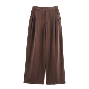 Brown high-waisted wide-leg trousers with front pleats shown on a clean white background