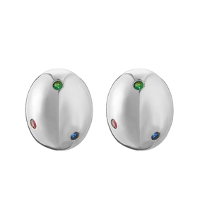 Close-up of silver oval stud earrings with polished dome and colorful micro-zircon stones