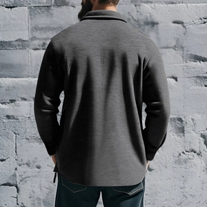Rear view of heavy cotton fleece-lined shirt jacket in dark gray for men