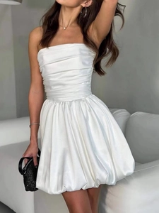 Satijnen Strapless Mini Jurk Geplooid Ballonzoom Slim Fit Party Chic Effen Polyester Dames