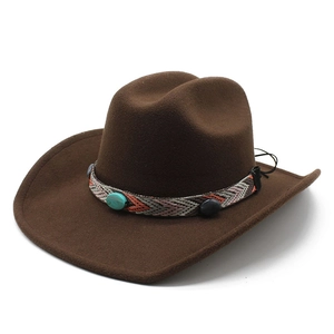 Classic dark brown felt cowboy hat with vintage ethnic woven band and turquoise beads