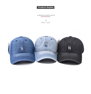 Detailed comparison of vintage washed denim baseball caps with embroidered N letters
