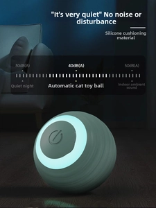 Detail view of mint green smart cat ball toy with silicone surface and LED light indicator