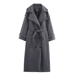 Women's dark grey long wool coat with double-breasted buttons and matching waist belt