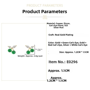 Detailed view of cherry earrings with opal beads and zircon leaves showing size dimensions