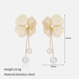 Detailed dimensions of 95mm long gold floral tassel earrings with pearl and steel