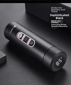 Detail of smart 304 stainless steel thermos with LED temperature display on black leather