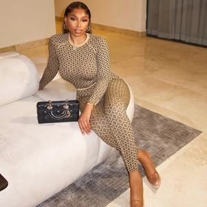 Long Sleeve Jumpsuit Women Geometric Print Slim Fit Round Neck Elastic Fashion Casual Urban Streetwear Catsuit Bodycon