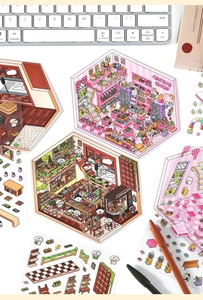 Detail of cute 2.5D candy shop and chocolate shop stickers for DIY journals