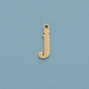 Close-up of golden stainless steel pendant in lowercase letter j with mirror finish