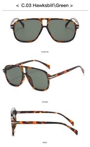 Three views of retro aviator sunglasses with hawksbill frames and green lenses