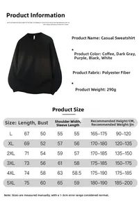 Detailed size chart for men's 290g fleece sweatshirt with multi-language measurements