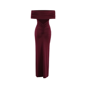 Detailed back view of burgundy off-shoulder maxi dress with ruched bodycon details