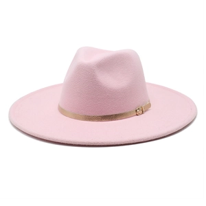 Detailed view of pink wool fedora hat featuring 9.5cm wide brim and gold buckle band