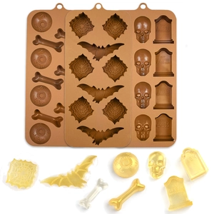 Halloween silicone molds set featuring pumpkin, bat and skull designs for chocolate making