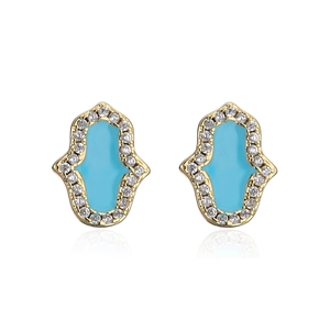 Pendientes de mano de Fátima dorados con esmalte azul y detalles de circonita cúbica