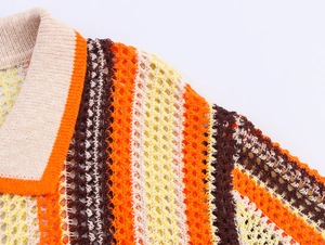 Gros plan sur le col polo en maille rayée ajourée et la texture crochet multicolore