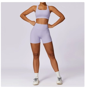 Close-up of lavender high-waist yoga shorts and matching sports bra set for fitness