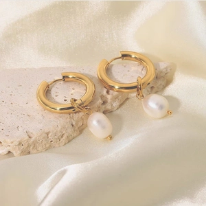 Elegant 18K gold plated stainless steel hoop earrings with teardrop freshwater pearls