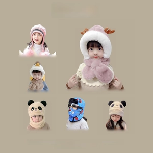 Detail of children's winter hats showing ear protection fleece and various animal designs
