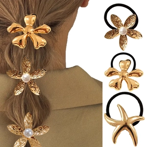 Metal Alloy Hair Ties Elastic Hair Bands Gold Silver Tone Flower Starfish Seashell Design Minimalist For Women