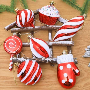 Christmas Tree Hanging Ornaments Red White Plastic Electroplated Painted Candy Cane Star Glove Festive Decorations