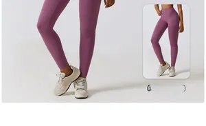 Detail of high-waisted yoga leggings in Morandi purple with matte fabric and sneakers