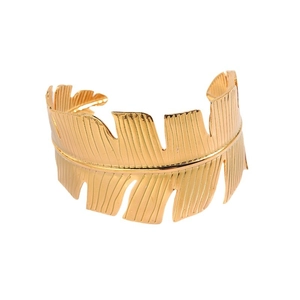 Elegant gold-tone adjustable leaf-shaped stainless steel wide cuff bracelet
