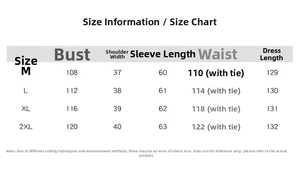 Detailed size information chart for long sleeve floral dress with bust and waist measurements