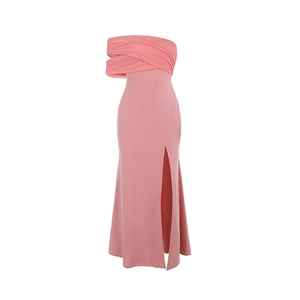 Elegant pink off-shoulder slit dress with mesh stitching and ruched detail for women