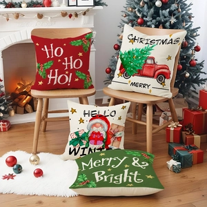 Christmas pillow covers with red truck and linen texture for festive sofa decoration