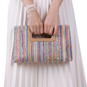 Summer straw woven clutch bag with rainbow stripes and hollow handle for women