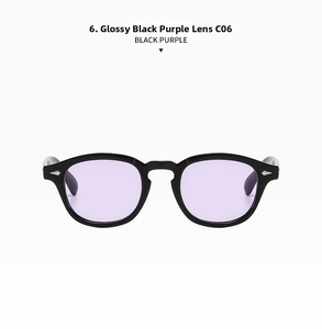 Detail view of round vintage sunglasses featuring black frames and purple lenses with rivets