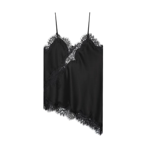 Black silk-textured camisole with delicate lace trim and asymmetric hem in a flat lay