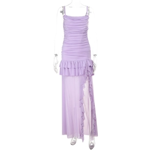 Detailed view of the lavender mesh maxi dress featuring a ruched bust and high side slit