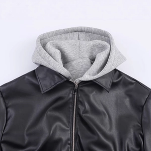 Women's chic black faux leather jacket with a grey knitted hood and silver metal zipper