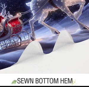 Detail of a Christmas shower curtain showing the durable sewn bottom hem and festive deer print